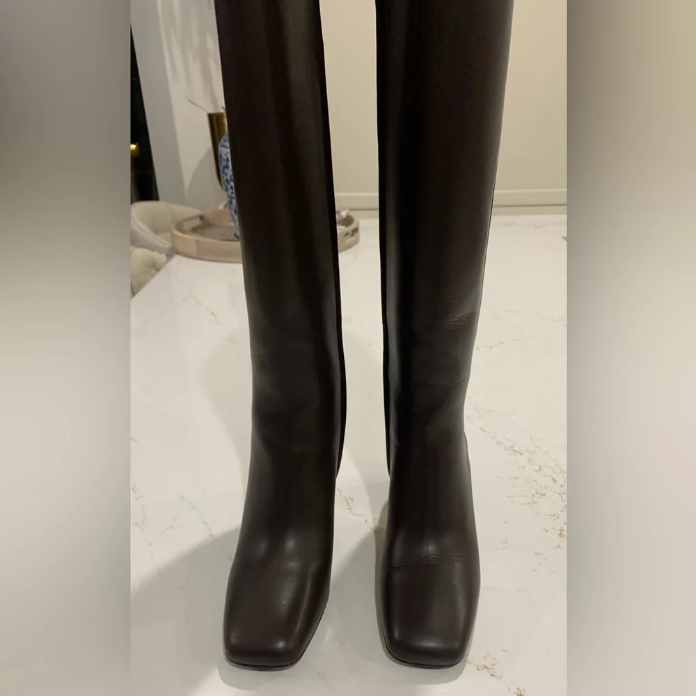 Valentino Garavani Dark Brown Leather Boots with Gold V Logo Size 40